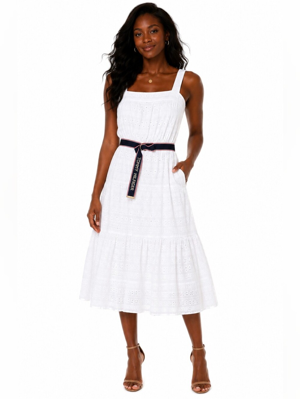 Tommy Hilfiger White Eyelet Midi Dress Logo Ribbon Belt Size 14 Tea Party chic